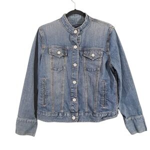 VTG Gap Jacket Womens Large Blue Denim Stretch Jean Coat Band Collar Western Y2K